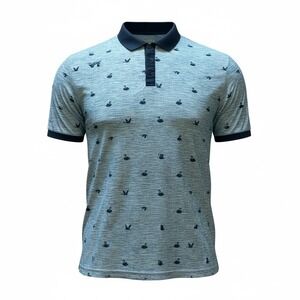 SWANNIES Mens X-Large Heather Blue Black Swan Print Polo Shirt Golf Casual